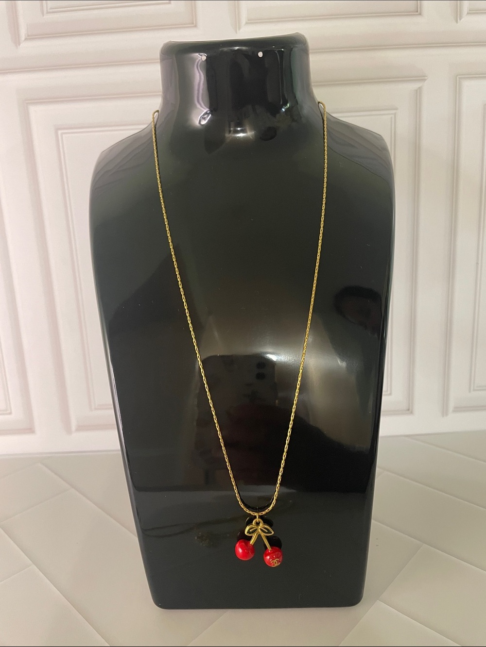 Stainless steel Gold-Tone Cherry Pendant Necklace with Red Enamel Charms